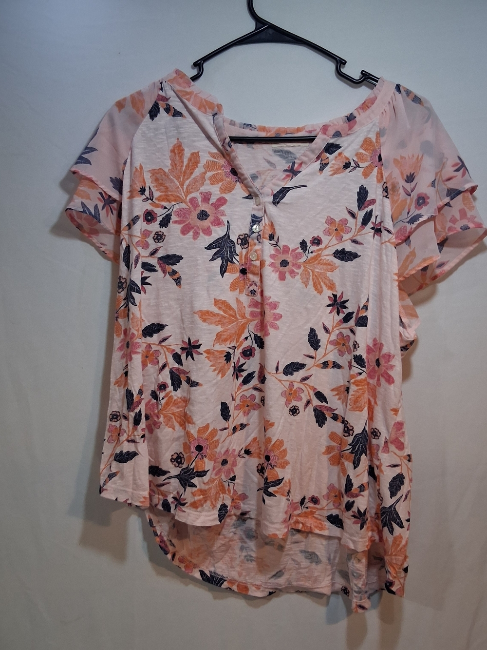 Women's Pink Floral V-Neck Ruffle Sleeve Blouse